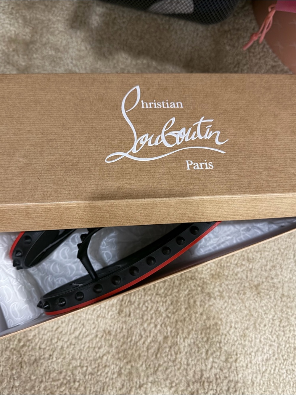 Christian Louboutin Black Studded Thong Sandals with Red Sole Edge - Picture 8 of 8